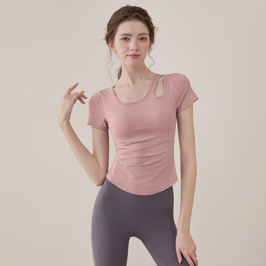 
Lugeli Yoga Clothing Women's Top with Chest Pad Sports Slim Short Sleeve T-shirt Running Quick Dry Pilates Training Fitness Breathable Hollow Yoga Short Sleeve [Shell Powder] L Recommended [105-115Jin[Jin equals 0.5 kg]]