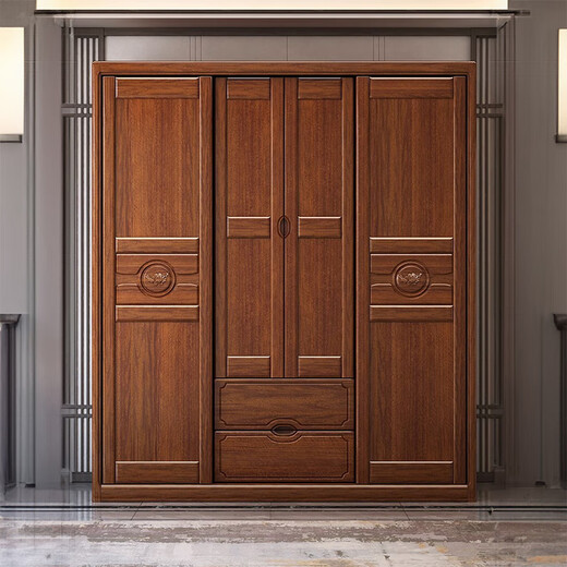 Youkaji Walnuss Massivholzgarderobe Moderne chinesische Schiebetür Viertüre Multifunktion großer Garderobengarderobe 829# Viertüre + Top