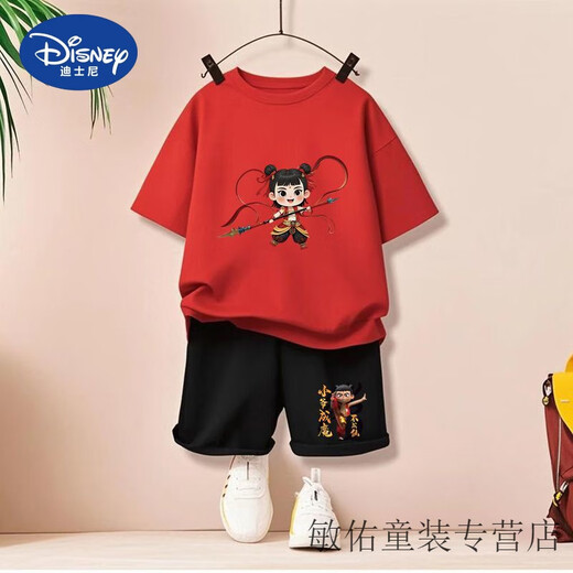 Disney Summer Children's Kurzärärmelte T-Shirt Neuer Stil für den Nationalen Trend der Kinder der Kinder Nudha Devil Child's Noodle Boys zweiteiler Set 1098# Rucksack T-Gray + 2005# Gray Shorts 90