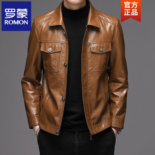 ROMON Haining Leather Men's Top Layer Imitation Sheepskin Trendy Korean Motorcycle Leather Jacket Youth Slim Jacket 9908 Yellow Thin L-175125-135Jin Jin is equal to about 0.5 kg