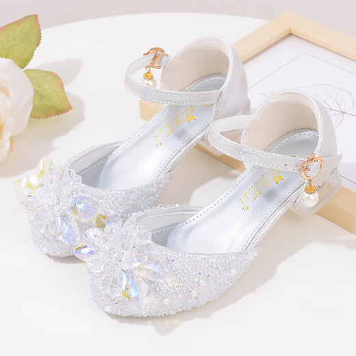 Ruiyang fashionable children's princess shoes crystal shoes girls high heels soft sole primary school students dress dance leather shoes silver with diamond A9928 silver 34 inner length 21 cm