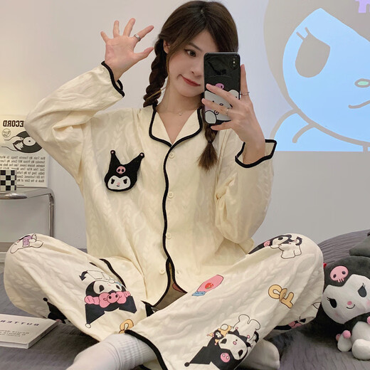 FHHUABDins style internet celebrity new pajamas spring and autumn cardigan thin long sleeve trousers loose princess style home clothing set 9209 three-eyed monster M [recommended 80-100Jin [Jin equals 0.5 kg]]