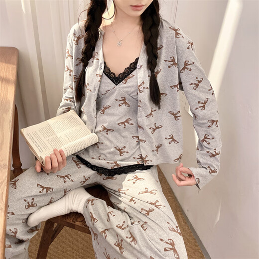 Buntes Edelstein Frühlings- und Herbstkoreaner Pyjamas Frauen-Drei-teiliger Set mit Brustpaddel, gepolstert Langarm-Hauskleidung My-r13803# schwarz (mit Brustpolster) 170 m