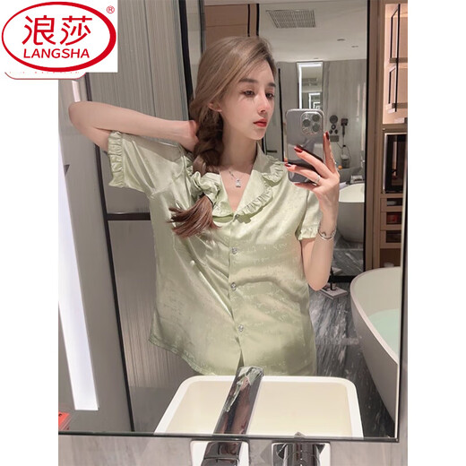 
LangSha 2025 new pajamas for women summer suit thin cool ice silk short-sleeved princess style ruffled casual home clothing YFY-9902 [short-sleeved shorts] M [recommended 80-100Jin [Jin equals 0.5 kg]]