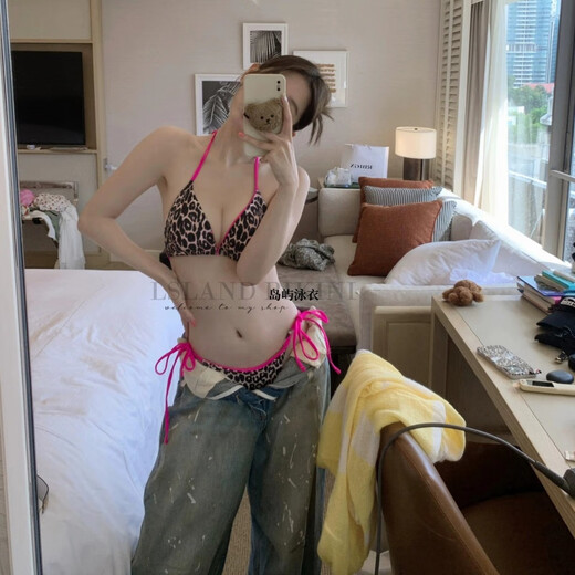 Chaosihui European and American sexy leopard print contrast bikini women's summer new hot girl island beach vacation split swimsuit rose red leopard print S