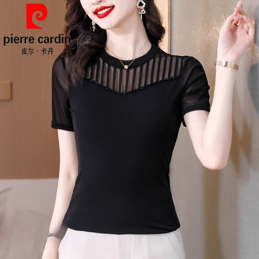 皮尔卡丹（pierre cardin）网纱打底衫女短袖t恤女2025新款夏季黑色妈l妈装小衫修身蕾丝上衣 黑色 A1585【短袖】 2XL