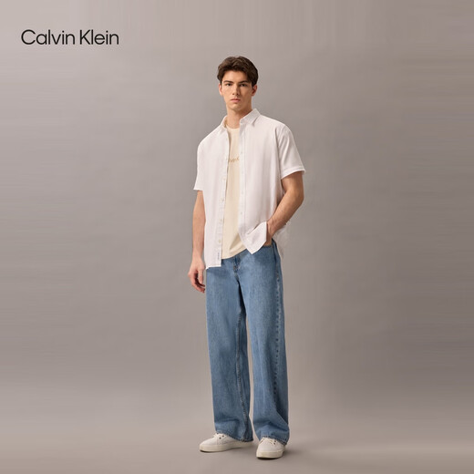 Calvin KleinJeans春夏男士商务休闲通勤ck简约刺绣棉亚麻短袖衬衫J317422 YAF-白色 M （建议130-150斤）