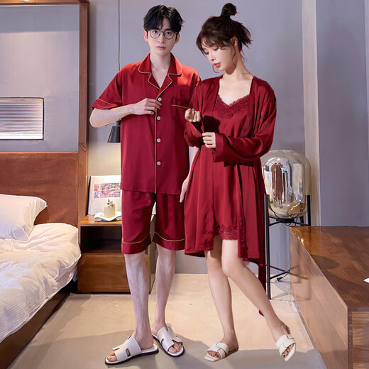 Langsha (langsha) wedding pajamas for women in summer ice silk bride wedding couple men short-sleeved suit red zodiac year DA22165 suspender women-DA9901 men's burgundy M women L