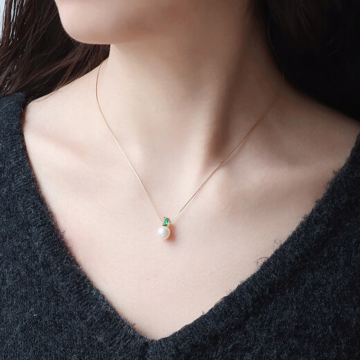 ZHUELLA Freshwater Pearl Vintage Green Zircon 925 Silver Pendant Necklace 7.5-8.5mm