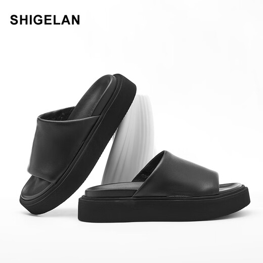 Shigelan 2025 Nouvelles sandales d'été en cuir authentique pour chaussures de plage pour femmes avec des flops antidérapants épaisses et une apparence élevée, noir 36 (petite taille)