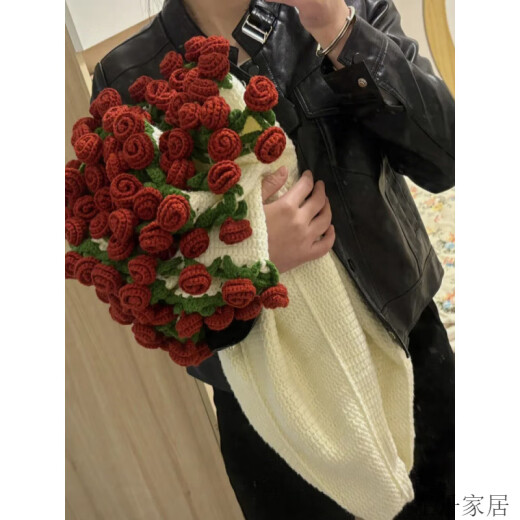 送女友花束毯子diy材料包玫瑰花束成品玫瑰盖毯毛毯毛线钩针织礼 (A690)小号80cm【淡蓝+肉粉玫瑰