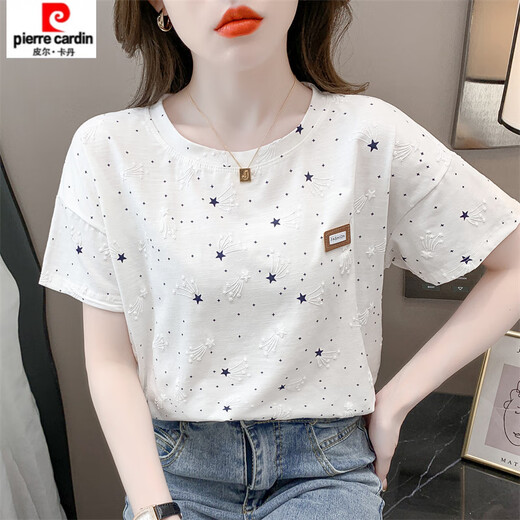 皮尔卡丹（pierre cardin）纯棉印花t恤女短袖夏装2025新款宽松印花设计感百搭体恤上衣潮 1396#白色 S 适合80-99斤