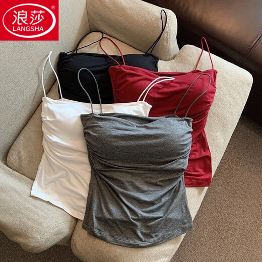 LangSha 2024 new hot girl pure desire pleated camisole women's summer spaghetti straps with sweet and spicy style sleeveless red one size