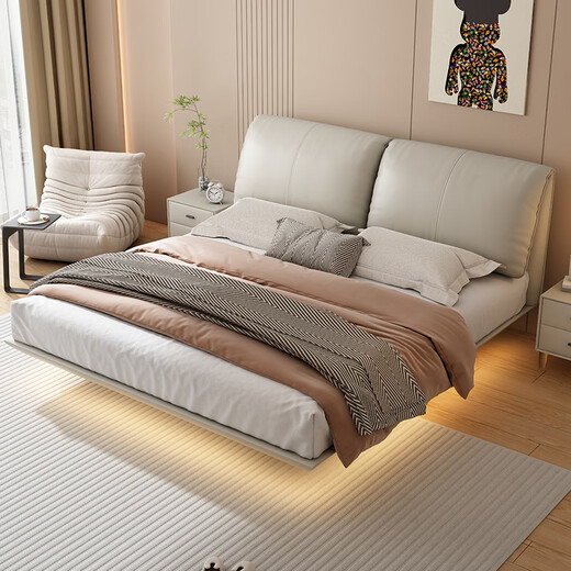 
Munich suspended bed, double bed 1.8 meters 2 meters light luxury leather master bedroom, large bed, wedding bed, leather bed 681