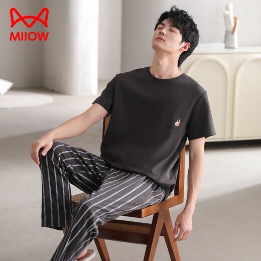 Catman (Miiow) PAJAMAS DE SUMER Cotton de algodón puro pantalones de manga corta de algodón de manga que se puede usar de gran tamaño y casual en el juego de ropa para el hogar de algodón exterior Q12014 L