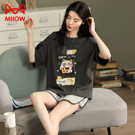 
Catman (MiiOW) pajamas for women in summer pure cotton cute short sleeve thin two-piece set Korean style fashionable spring and summer home clothes can be worn outside. Marine green Y687 2XL (recommended 130-145 Jin [Jin equals 0.5 kg])
