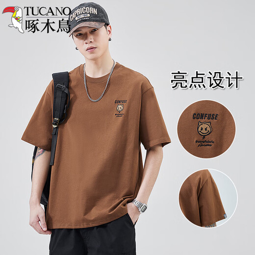Woodpecker Fashion Brand American Heavy Short-Sleeve T-Shirt for Men Loose 2025 Summer New Fashion versatile Round Neck Half-Sleeve T-Shirt 5009# Dark Gray M [Suggested 95~115Jin [Jin equals 0.5 kg] Wear]