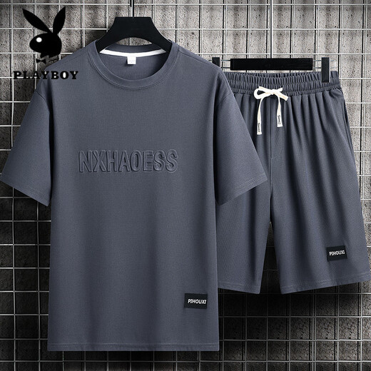 花花公子（PLAYBOY）夏季男士运动套装短袖T恤上衣宽松大码短袖短袖休闲套装帅气搭配 套装829咖色 M 建议穿90-110斤
