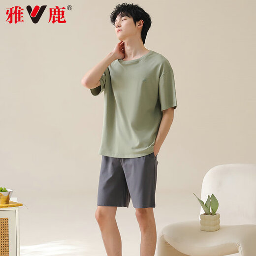 Yalu men's pajamas men's summer thin short-sleeved cotton can be worn outside casual large size boys' home wear suit 42M13601 2XL recommended weight 140-160Jin Jin equals 0.5 kg