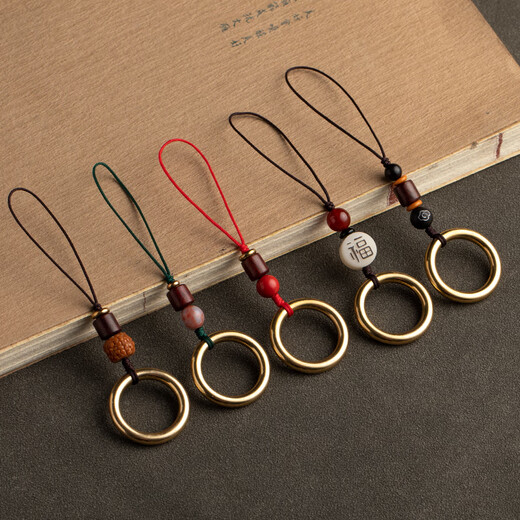 Pure brass ring mobile phone ring buckle metal universal dust plug pendant U disk pendant anti-lost lanyard handmade jewelry Zodiac pig-red rope style-black rope please note