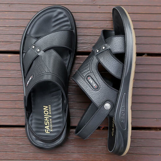 星头啄木鸟头层牛皮凉鞋男款2025夏季新款真皮沙滩鞋男士牛筋底防滑两用拖鞋 CH2603黑色 40