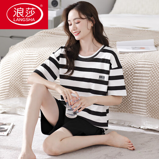 Langsha 2025 Nuevo pijamas para mujeres para el verano de algodón puro de algodón puro conjunto de dos piezas de dos piezas para el hogar con rayas de verano y YZT9854 M Style de mujeres recomendado 80-100Jin [Jin equivale a 0.5 kg]