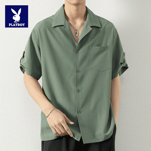 Playboy short-sleeved shirt men's spring and summer thin ice silk cool loose trendy brand Hong Kong style handsome casual drape long shirt 10313/24175 white L