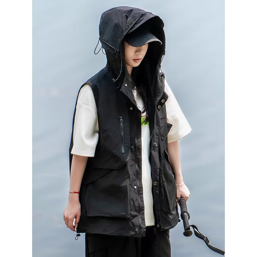 gxmy山系户外机能工装马甲男女夏季多口袋坎肩叠穿宽松百搭背心外套潮 黑色 偏大宽松 单层无内里 L 建议125-140斤