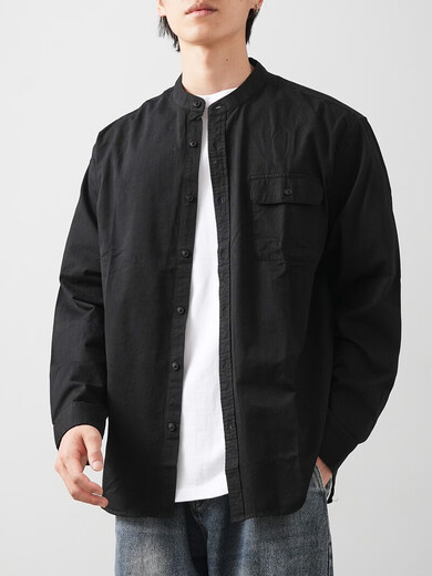 Duken heavy cotton stand-up collar shirt men's long-sleeved spring and autumn solid color high-end workwear Henry collar round neck shirt jacket white heavy cotton/stand-up collar design M (suitable for 90-110 Jin Jin equal to 0.5 kg)