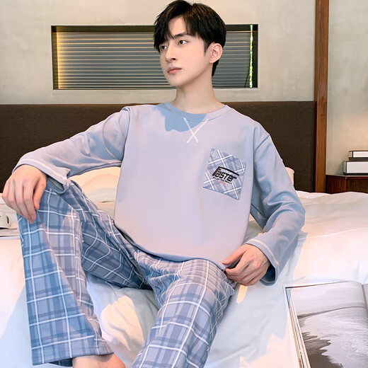 Guanmao Pei Pyjamas Herren Herbst New Pure Cotton Longleved Anzug für Jugendliche losen Hauskleidung Einfaches kann außerhalb des zweiteiligen Sets getragen werden 01F9903 175 Men-l