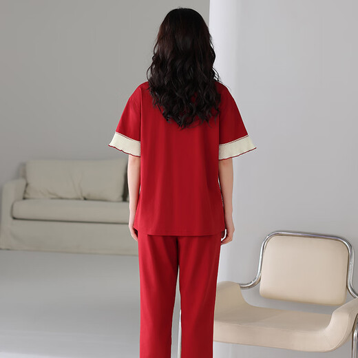 浪莎（LangSha）结婚情侣睡衣一男一女夏季薄款纯棉短袖红色喜庆可外穿家居服套装 866+766 M 女+男款3XL