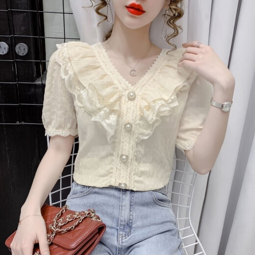 
Yu Zhaolin (YUZHAOLIN) [2694 people collect] 2025 summer new short-sleeved T-shirt for women's tops fashionable lace ruffled V-neck shirt white short-sleeved L
