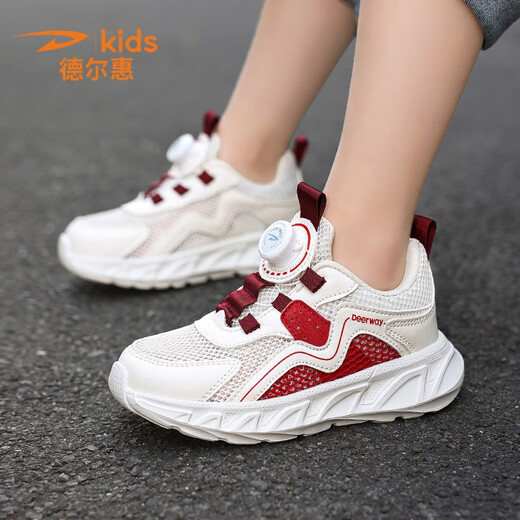 Del Hui Kinderschuhe 2025 Neues Kindermischnetz atmungsaktive Sportschuhe Herren-Mittel-Big-Kinder-Laufschuhe Mädchen Outdoor Freizeitschuhe D9928 Weiß rote Single Net 30 innere Länge 19cm Fuß Länge 18 cm