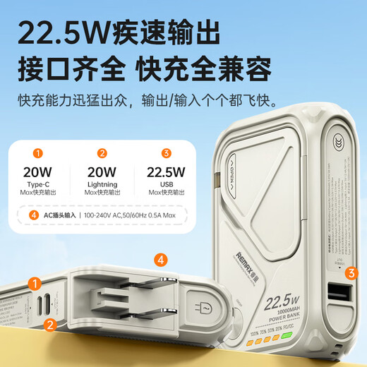 Remax 3C certification丨4-in-1 power bank with built-in cable and plug 10000 mAh Magsafe fast charging mobile power supply suitable for Apple, Huawei and Xiaomi