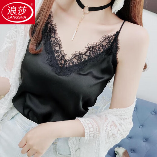 LangSha 2024 camisole women's outer wear summer eyelash lace V-neck chiffon loose bottoming shirt top 1921 black (imitation silk, adjustable shoulder straps) XL recommended 110-125Jin Jin equals 0.5 kg