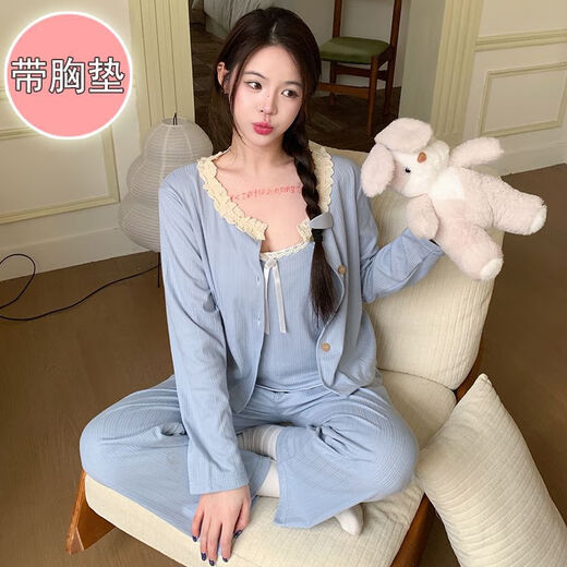 荣西图（RONGXITU）棉睡衣女带胸垫吊带三件套韩版甜美ins风家居服 S681#米白 180 XL