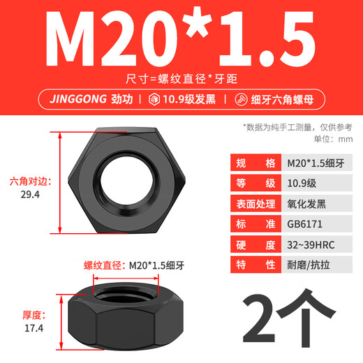 JINGGONG Grade 10 fine thread hexagonal nut GB6171 high strength fine buckle black screw cap M10M12M16M18M20M64 M20*1.5 (2 pieces)