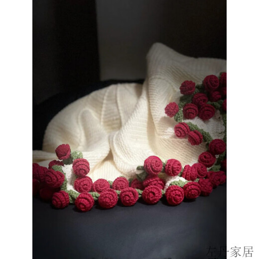 送女友花束毯子diy材料包玫瑰花束成品玫瑰盖毯毛毯毛线钩针织礼 (A690)小号80cm【淡蓝+肉粉玫瑰