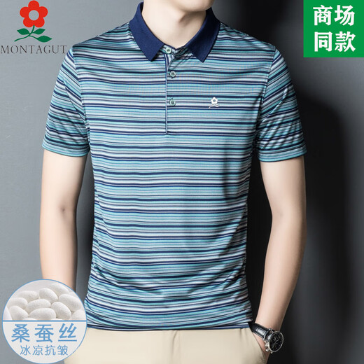 
MONTAGUT men's mulberry silk striped short-sleeved T-shirt summer middle-aged casual silk cool lapel polo shirt N7003-camel L 170 suitable for 115-125Jin [Jin equals 0.5 kg]