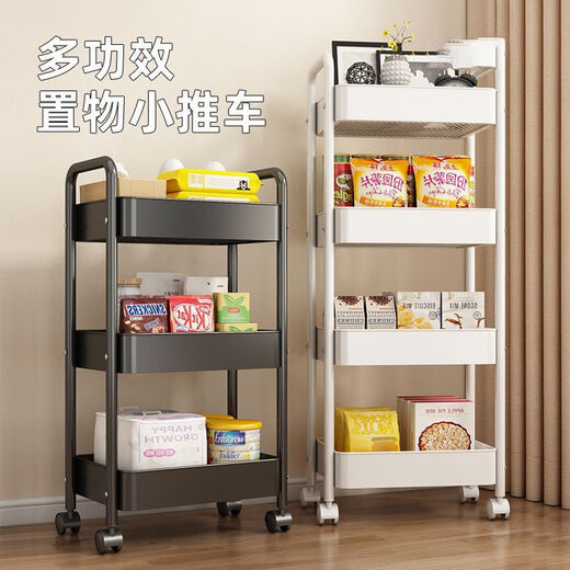 Selected cart storage rack floor-standing multi-layer storage rack dormitory mobile snack rack kitchen rack iron wheeled storage rack thickened carbon steel three-layer black with pulleys