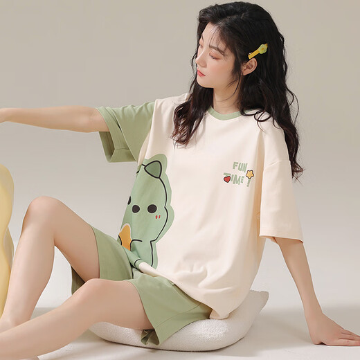 Jingpufei versión coreana suelta de pijamas de manguito corto MM MM Summer Outter Wear Traje de ropa para el hogar 2025 679 Dinosaurio verde 170 m Código [Recomendado 80-90Jin [Jin iguala 0.5 kg]]]