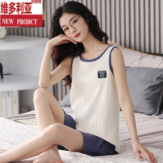 Victoria's Style Pyjama für Frauen 2024 Neue Sommer Baumwollweste ärmellose Frauen dünne lässige Home LB: 9906 [Frauen] Duck Blue Hosen hinter Aprikosenrücken reine M [weiche und hautfreundliche, komfortable reine Baumwolle]