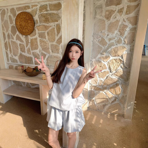 京濮飞多巴胺少女感两件套无袖背心阔腿短裤显瘦纯色T恤 9719海盐蓝上衣 2XL