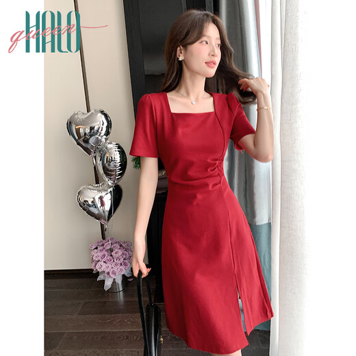 Halo Queen Red Vestido de manga corta para mujeres Summer de collar francés Vestido de compromiso Vacaciones Falda roja H52Q024