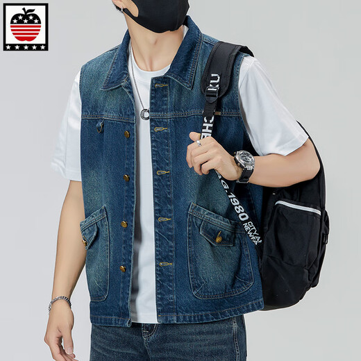 Aemape Apple Light Color de grande taille Vertinit vestime en denim pour hommes et femmes Spring and Summer Brand Retro Workwear Workswear Casual Sans manche sans manches Clip de cheval 6231 # Retro Blue 3XL (recommandé 175-190jin [Jin est égal à 0,5 kg]))