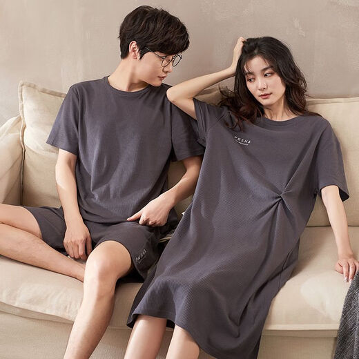 
Yalu couple pajamas for women in summer cotton short sleeves sexy women men's shorts summer large size clothing TM12138 skirt M women + men's L