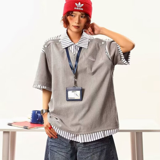 Qinggan 2025 new summer style Henry lapel men's and women's striped splicing unisex shirt collar fake two-piece short-sleeved T-shirt black L