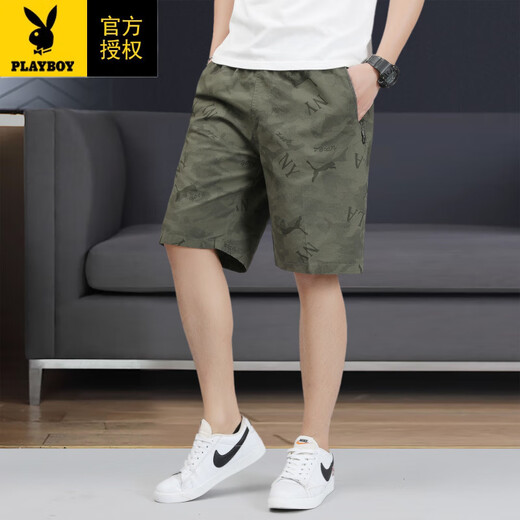 Playboy Summer Men's Shorts Pure Cotton Loose Crop Pants 2025 New Casual Camouflage Printed Beach Pants Men 6626 Light Green 3XL