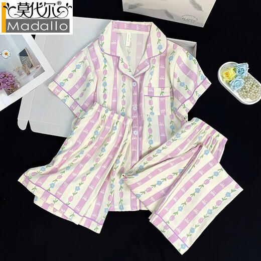 Modal three-piece pajamas for women summer 2025 new Internet celebrity style spring and autumn style cloud cotton short-sleeved short-sleeved trousers home clothes 9913#Yunduo cotton three-piece set M 70-95 Jin Jin is equal to 0.5 kg
