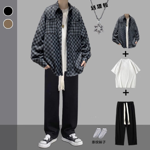 Rongxitu Khaki Jacke Checkerboard Shirt Herren hübsches fünfteilige Set-Feder- und Herbst-neue Style-Karte 684+Weiße Kurzärmel+graue große Seilhosen+Halskette+Socken M Qualität höher als Peers